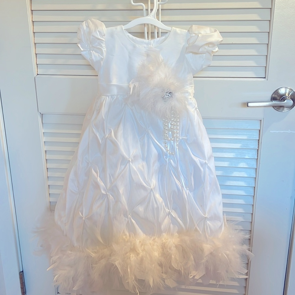Ivory Full Length Feather trimmed Dress